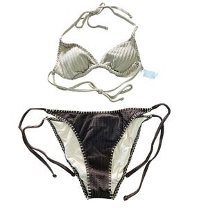 Cupshe String Boho Bikini Set Textured Ribbed Tan Top Brown Bottom Ties‎ Size M